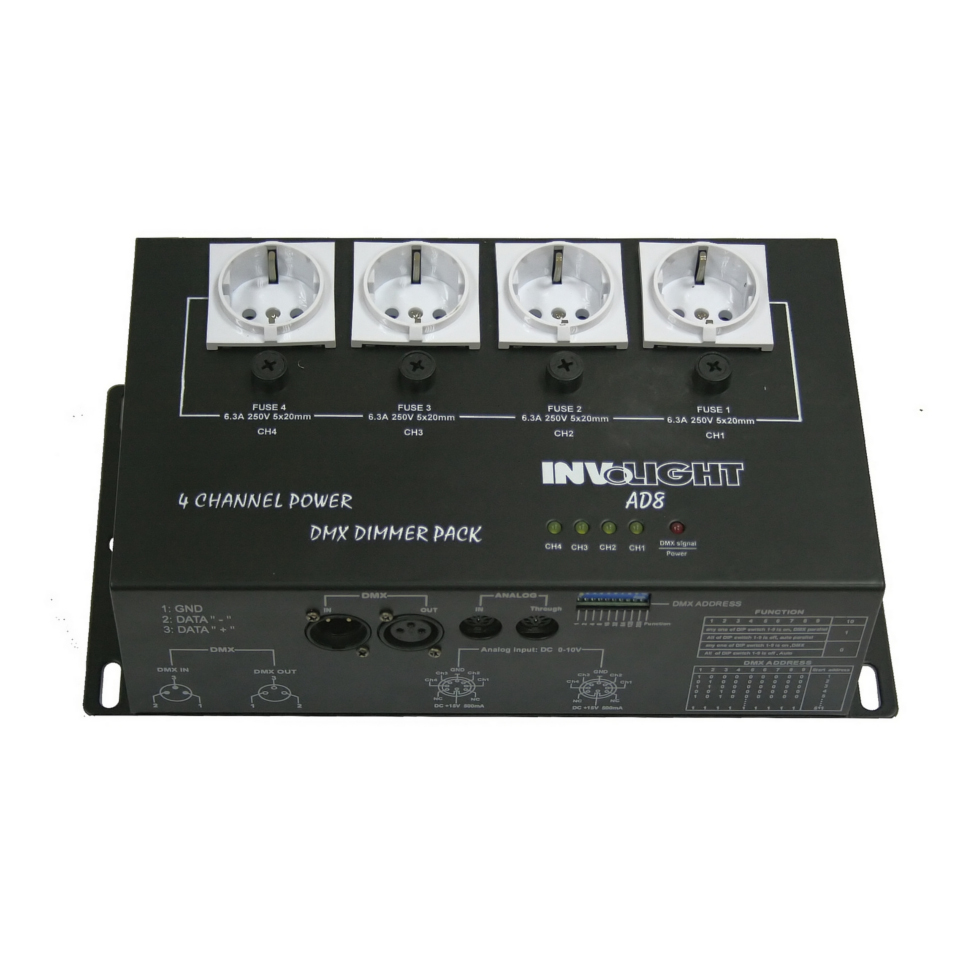 AD8 диммер 4-х канальный, 1 кВт на канал, DMX-512, аналоговое 0-10 В Involight